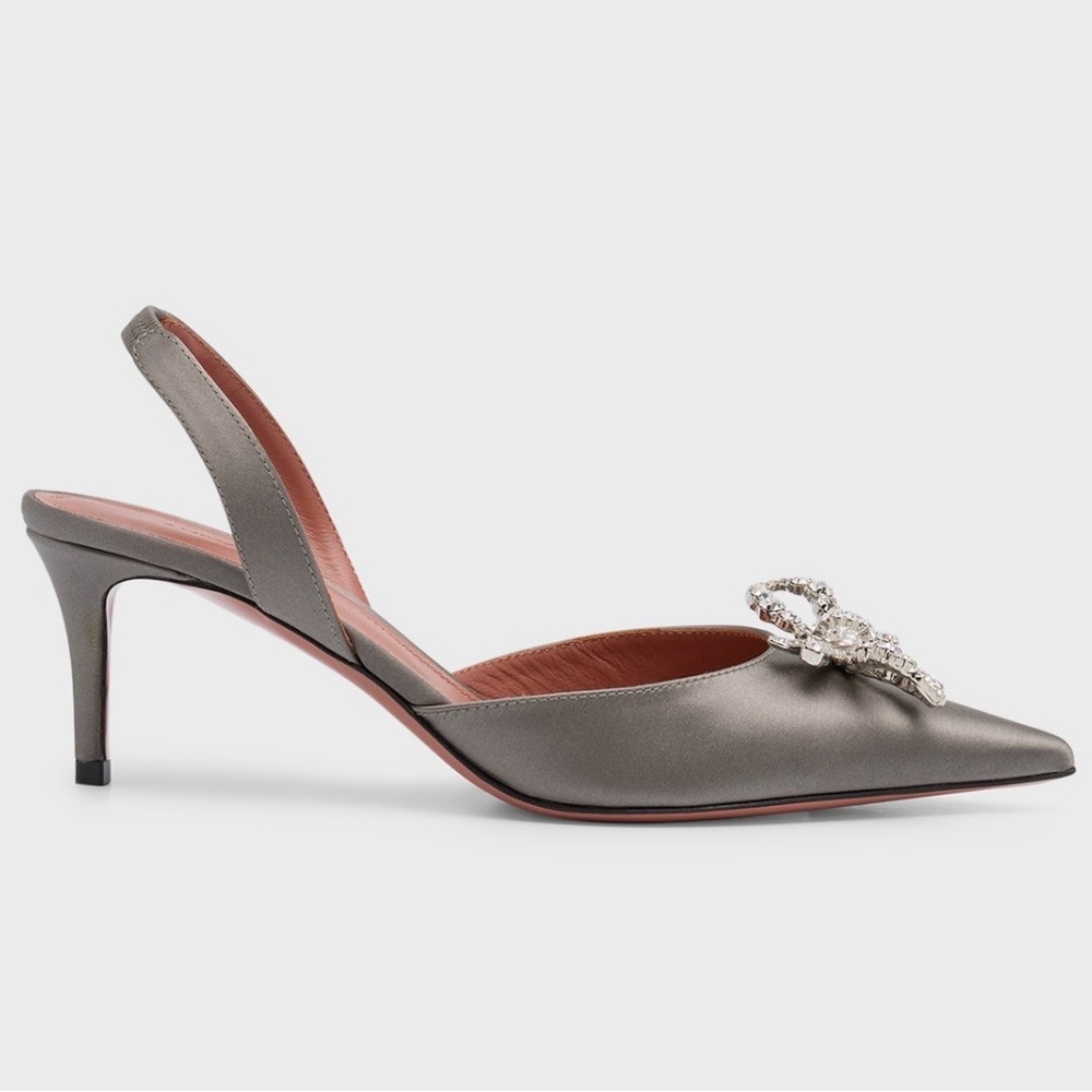 Amina Muaddi Silver Slingback Heels with Crystal Accent
